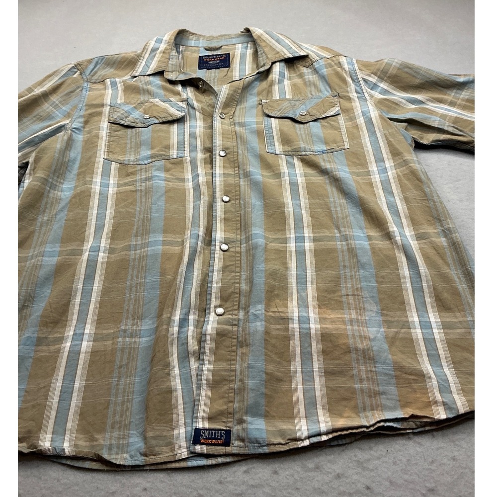 Smith's Workwear Short Sleeve Pearl Snap Plaid Western Shirt Brown Blue XL